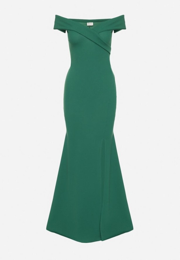 Zielona Koktajlowa Sukienka z Hiszpańskim Dekoltem Erpollia