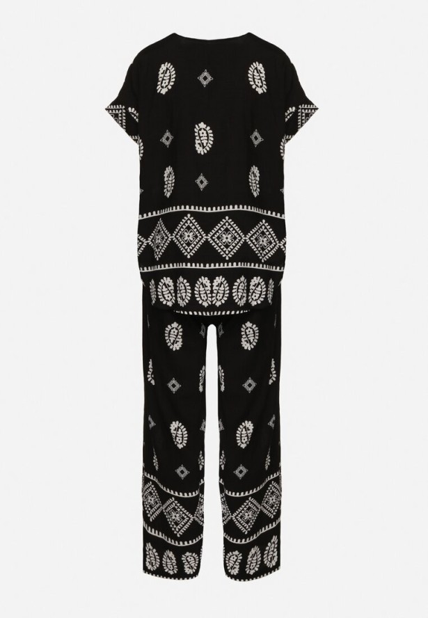 Czarny Bawełniany Komplet Koszula i Szerokie Spodnie w Stylu Boho Ollirive