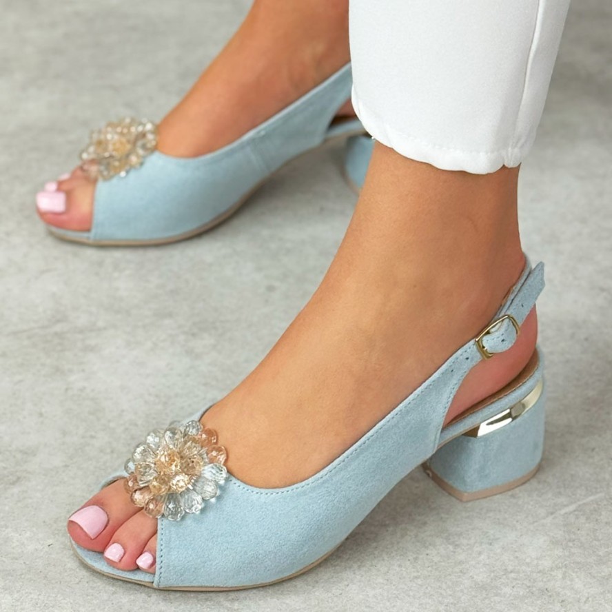 Błękitne zamszowe Polskie sandały damskie na obcasie Deoni D216A