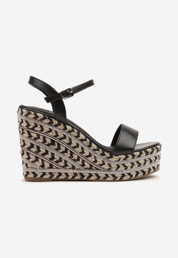 Czarne Sandały na Plecionym Koturnie Pollivira