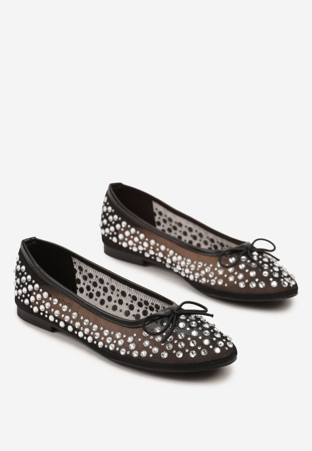 Czarne Balerinki z Siateczki Zdobione Cyrkoniami i Kokardką Falondria