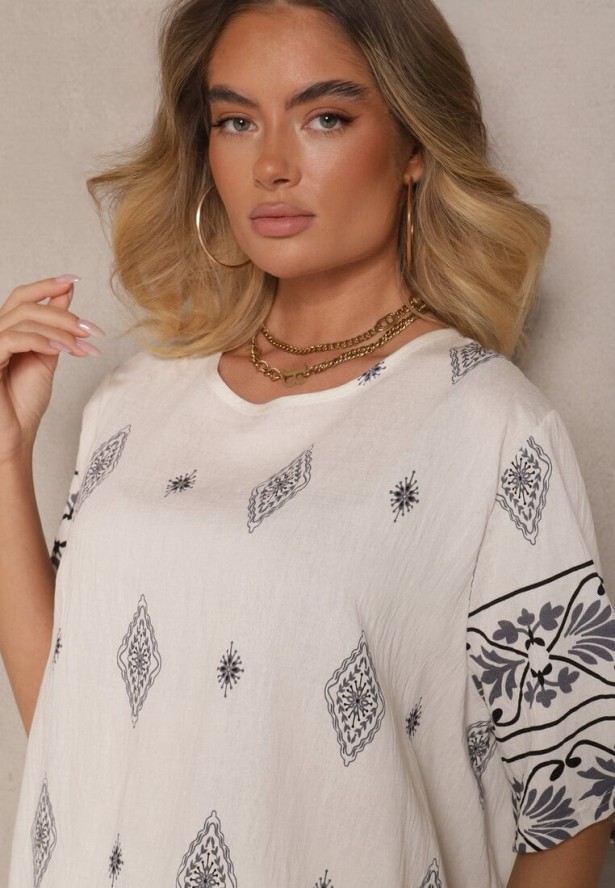 Beżowo-Szary Komplet w Stylu Boho Bluzka z Krótkim Rękawem i Luźne Spodnie Divorine