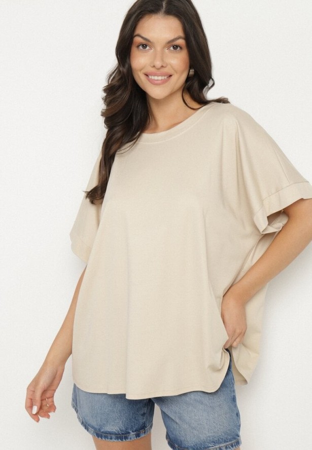 Beżowy T-shirt z Wiskozą o Kroju Nietoperza Tanariona