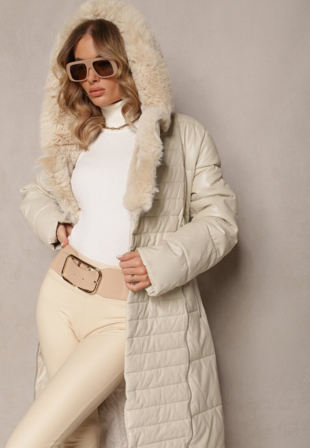 Beżowa Kurtka Pikowana Długa Płaszcz z Imitacji Skóry z Futerkiem Flechie