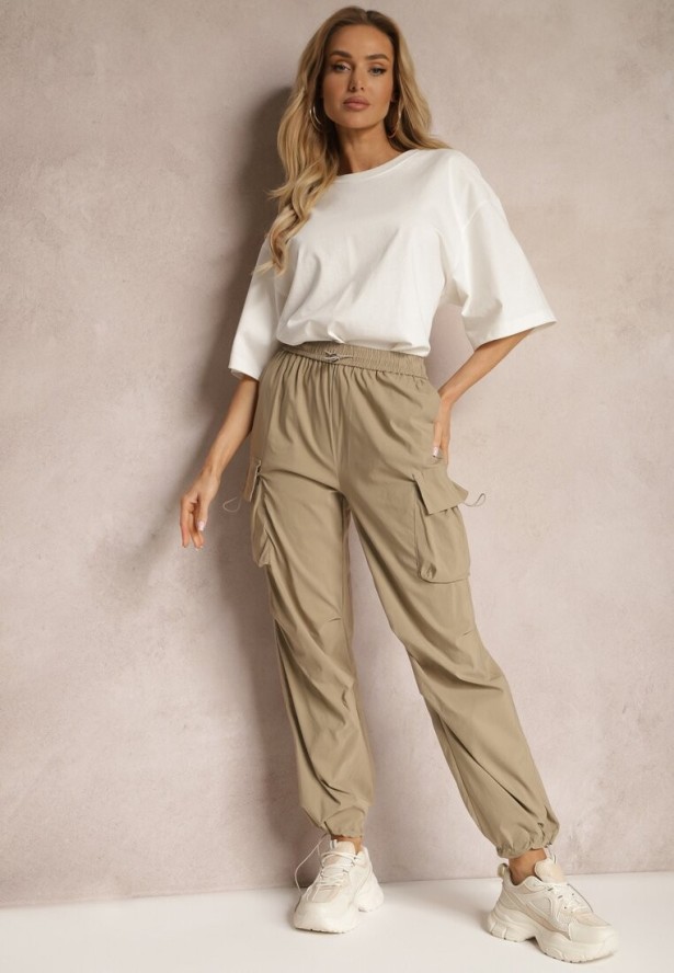 Beżowe Bojówki Spodnie ze Ściągaczami i Gumką w Talii z Kieszeniami po Bokach Laverina