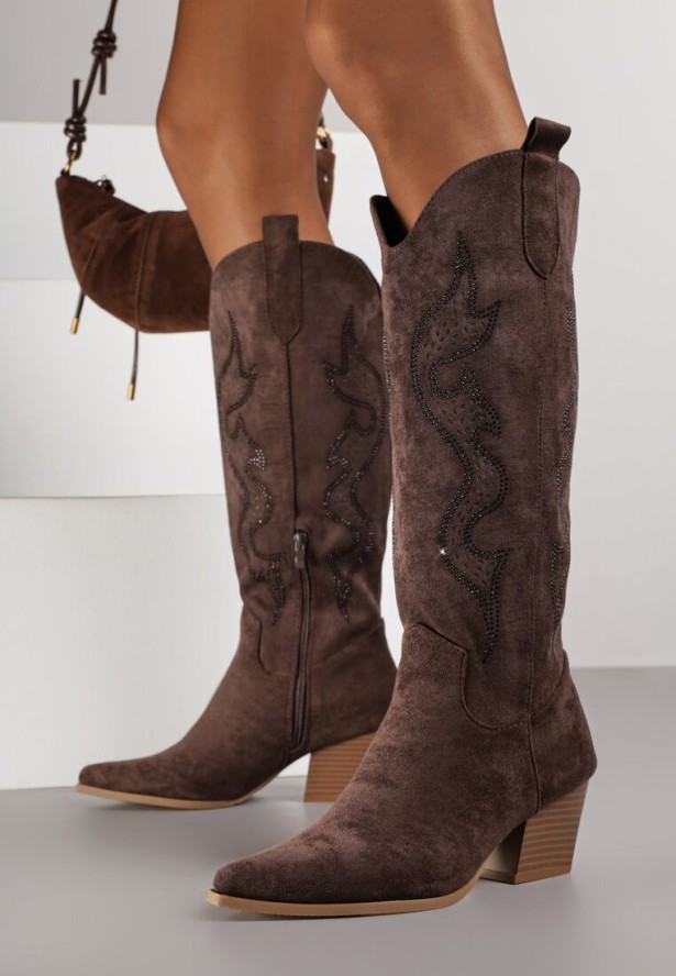 Brązowe Kozaki Kowbojki na Stożku z Cholewką z Cyrkoniami Nalikka