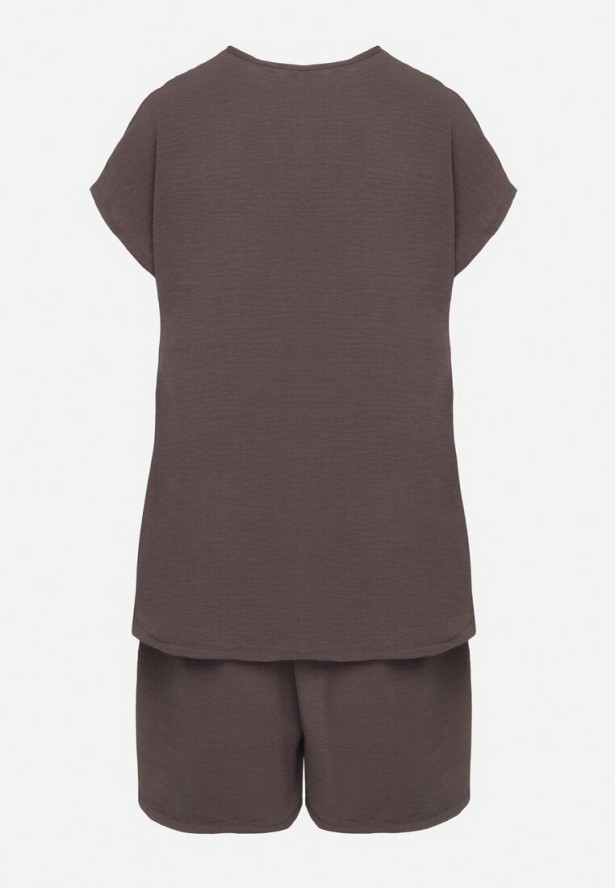 Ciemnoszary Komplet z Wiskozą Bluzka Zdobiona Guzikami i Szorty Nitamea