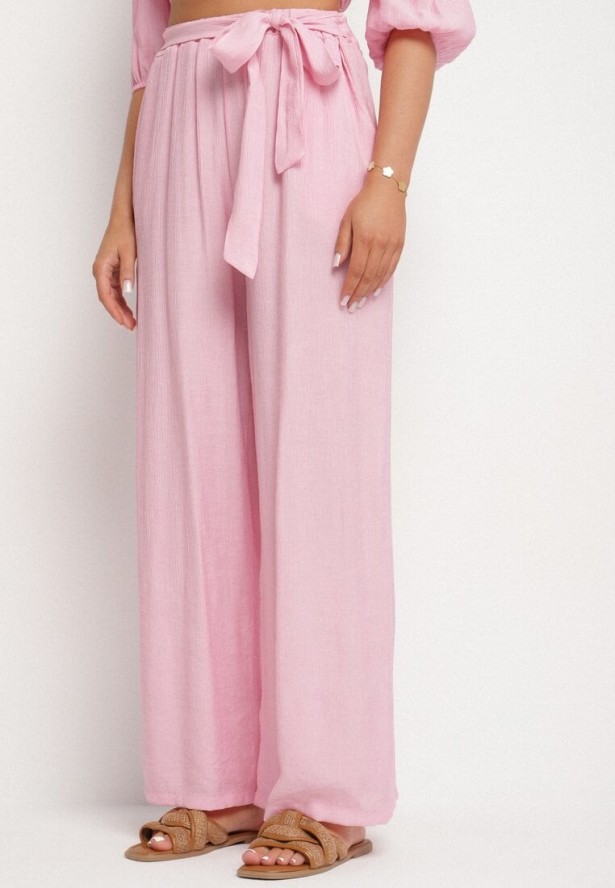 Ciemnoróżowy Komplet Szerokie Spodnie i Bluzka z Bufiastymi Rękawami Idasela