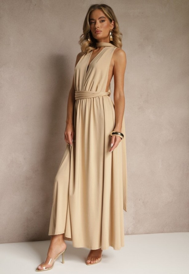 Beżowa Sukienka Koktajlowa Multiway z Wiskozą Wiązana na Szyi Lilovea