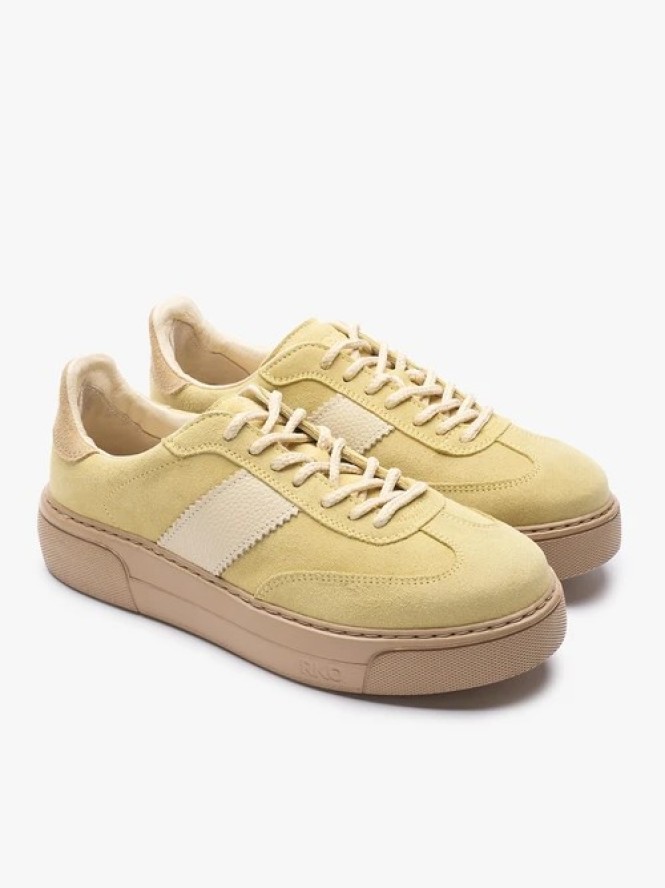 Jasnożółte sneakersy ze skóry licowej i welurowej