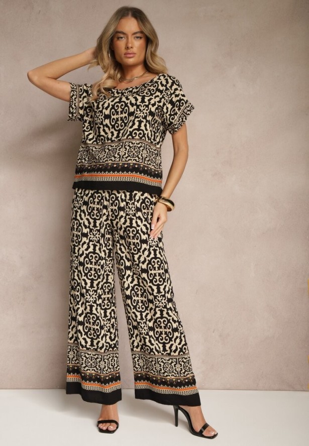 Czarny Komplet Spodnie i Bluzka z Bawełny w Ornamentalny Print Nanitria