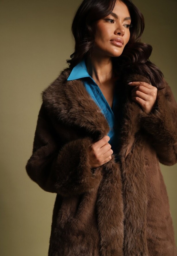 Brązowa Kurtka Futro o Długim Kroju z Wiskozą Ninnarlia