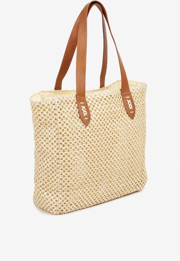 Beżowa Torebka Shopperka z Plecionki z Napisem Navario