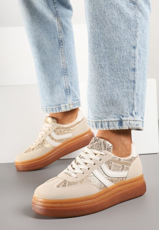 Beżowe Wężowe Sneakersy w Stylu Klasycznych Tenisówek na Grubej Podeszwie Grelritia