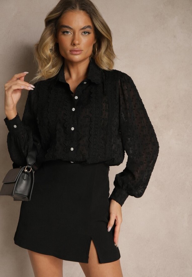 Czarna Koszula z Transparentnej Tkaniny z Koronką i Metalicznymi Przeszyciami Sepuria
