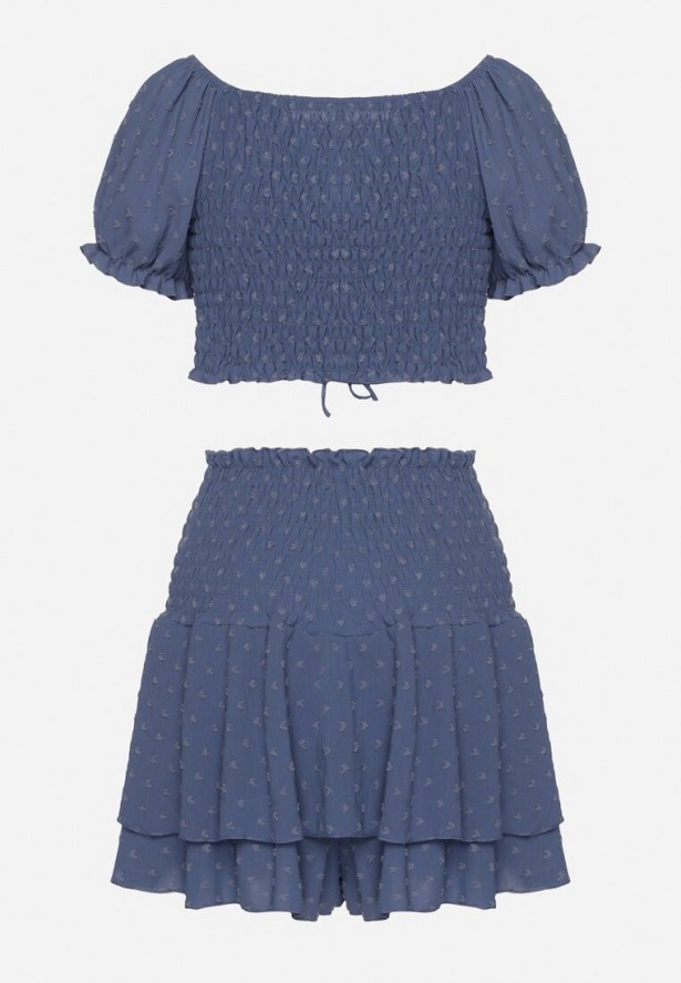 Niebieski Komplet z Tłoczonej Tkaniny Spódnico-Szorty i Bluzka Hiszpanka Sariloria