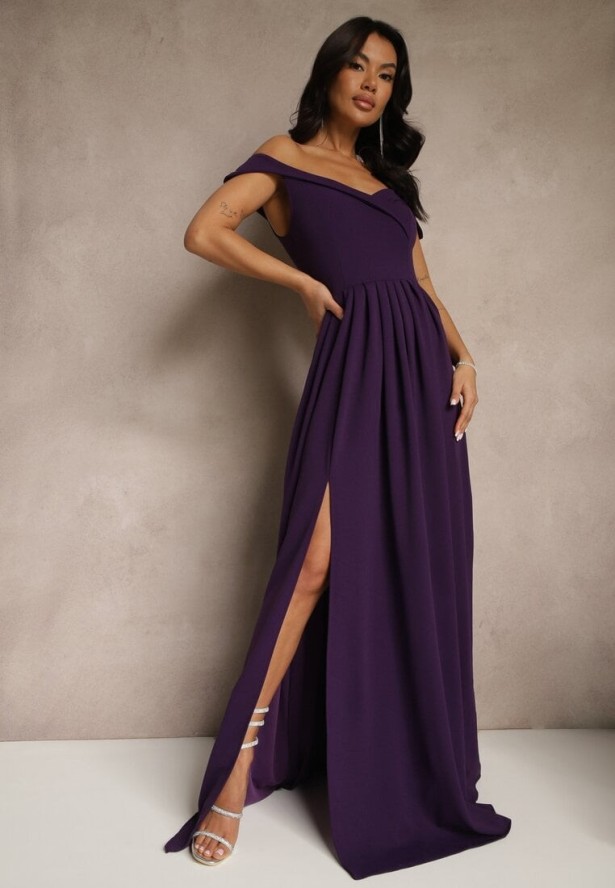 Fioletowa Elegancka Długa Sukienka Hiszpanka Wykończona Rozcięciem na Dole Idelia