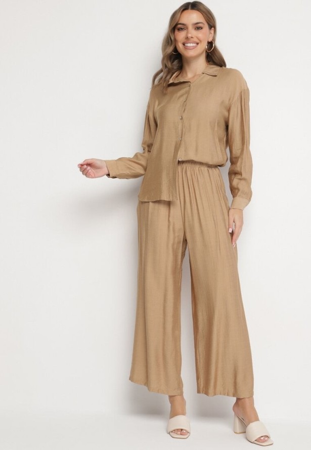 Ciemnobeżowy Wiskozowy Komplet z Koszulą i Spodniami o Szerokim Kroju Eleaviana