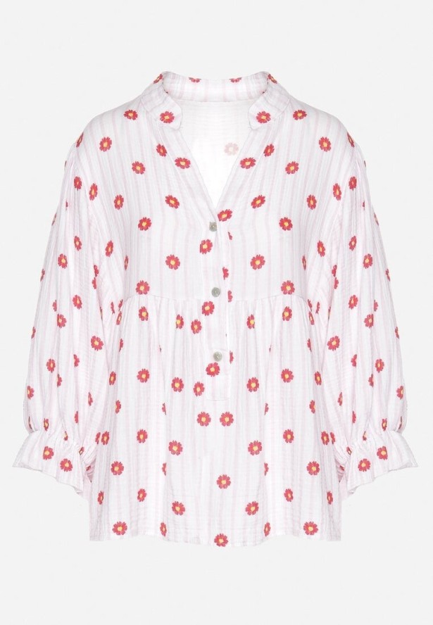 Różowo-Czerwona Bawełniana Koszula z Dekoltem w Serek w Kwiatowy Wzór Mailovelle