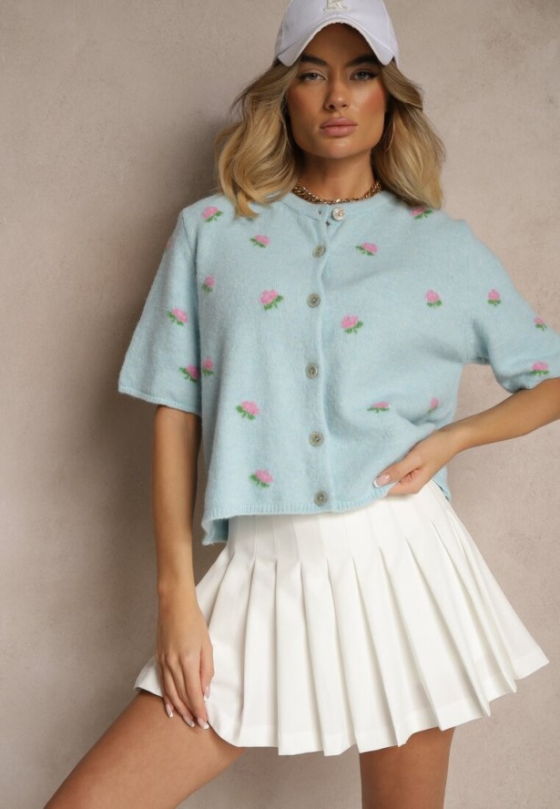 Niebieski Wzorzysty Sweter Kardigan z Krótkim Rękawem z Dodatkiem Wełny Korivelle