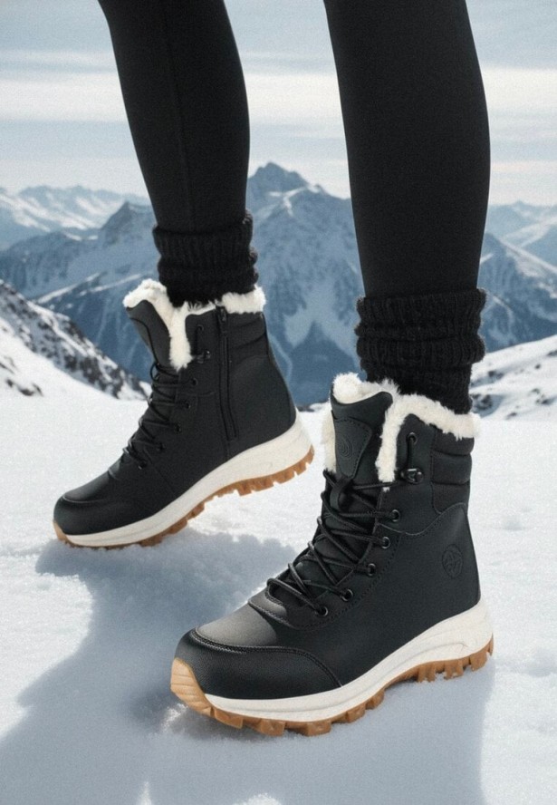 Czarne Botki Śniegowce w Trekkingowym Stylu na Grubej Podeszwie Elorene