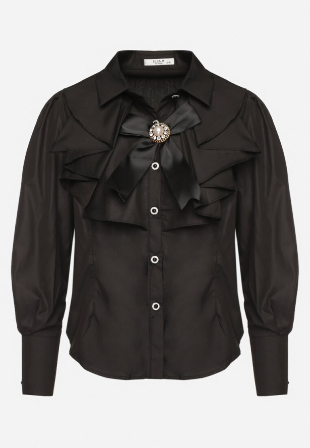 Czarna Koszula Zapinana na Ozdobne Guziki z Kokardką Olliana