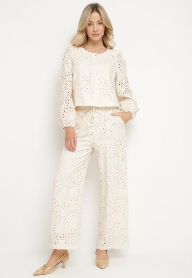 Beżowe Spodnie Ażurowe o Szerokim Kroju z Wysokim Stanem Yasedia