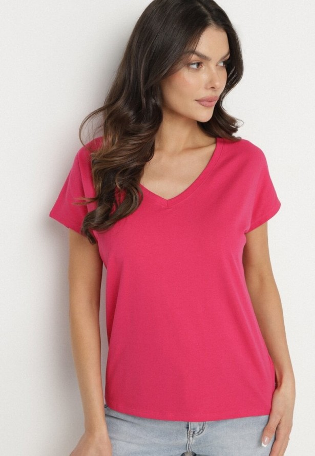 Fuksjowy Bawełniany T-shirt z Trójkątnym Dekoltem Linarosea
