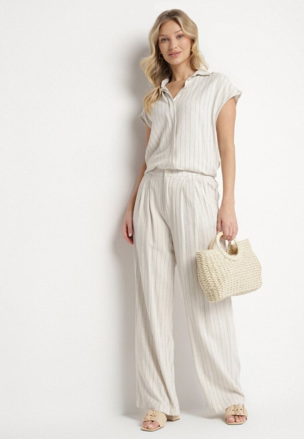 Beżowy Wiskozowy Komplet w Paski Koszula z Krótkim Rękawem i Spodnie Dalirel