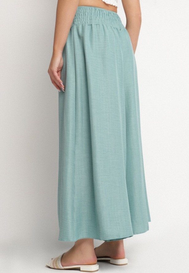 Miętowe Spodnie o Szerokim Kroju z Wysokim Stanem i Elastyczną Talią Ralbia