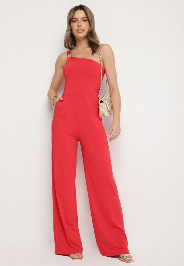 Czerwony Asymetryczny Kombinezon na Jedno Ramię z Kieszeniami Efriele