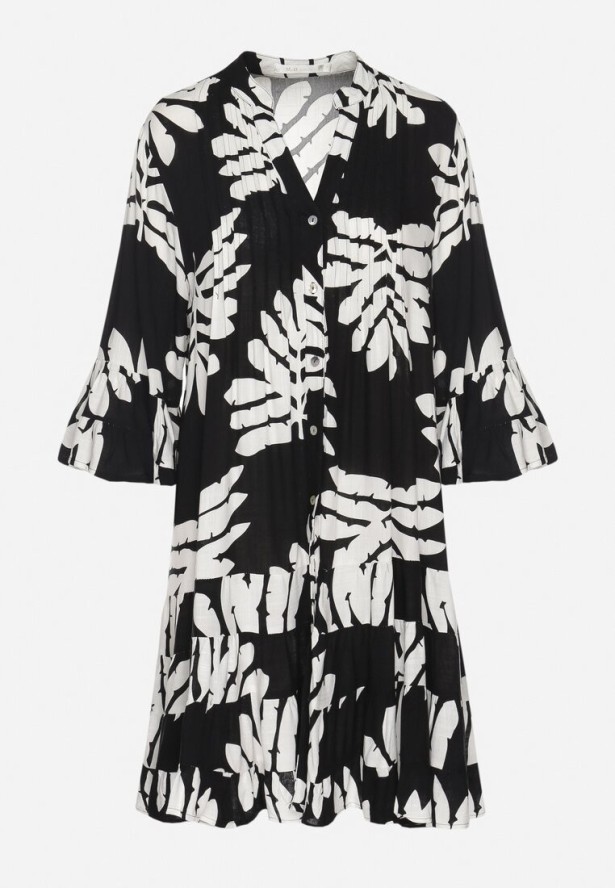 Czarna Wiskozowa Sukienka Koszulowa Ozdobiona Falbankami w Liście Edivonia