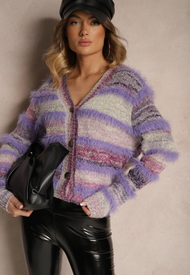 Fioletowy Rozpinany Kardigan z Wiskozą i Wełną w Paski Esamara