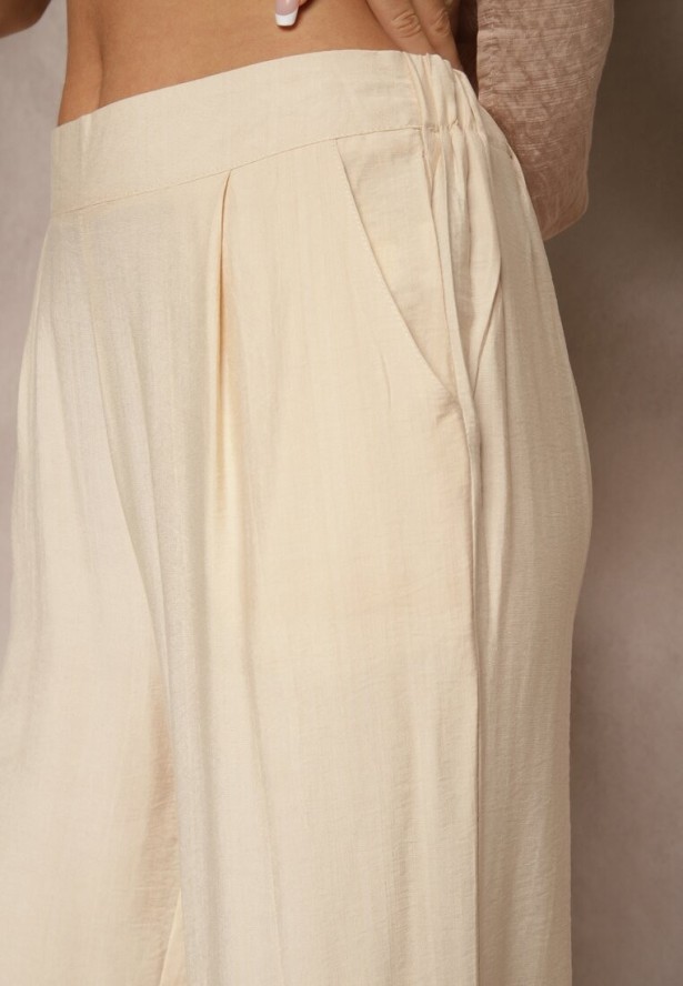 Jasnobeżowe Wiskozowe Spodnie o Szerokim Kroju z Lnem i Przeszyciami Fenelira