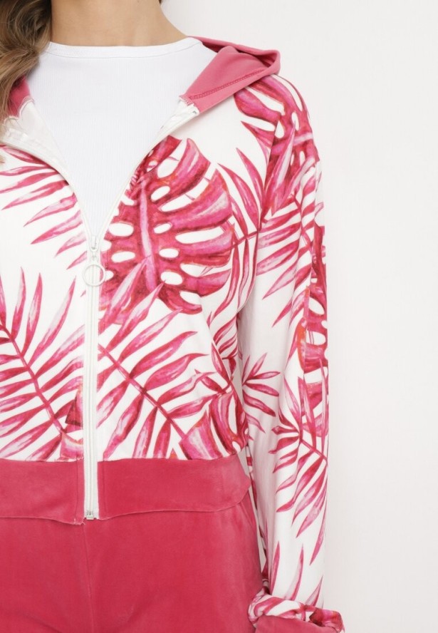 Różowy Welurowy Komplet Dresowy Bluza z Florystycznym Printem i Szerokie Spodnie Taniussa