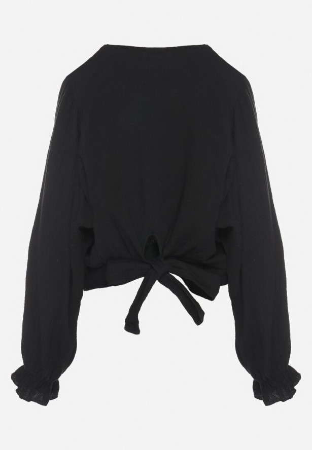Czarna Bluzka z Bawełny o Nietoperzowym Kroju z Wiązaniem Sepene
