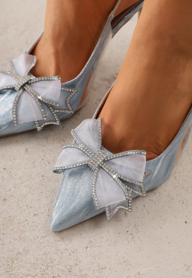 Niebieskie Szpilki VICES Slingback z Kokardą Cyrkoniami i Transparetną Wstawką Kalilise