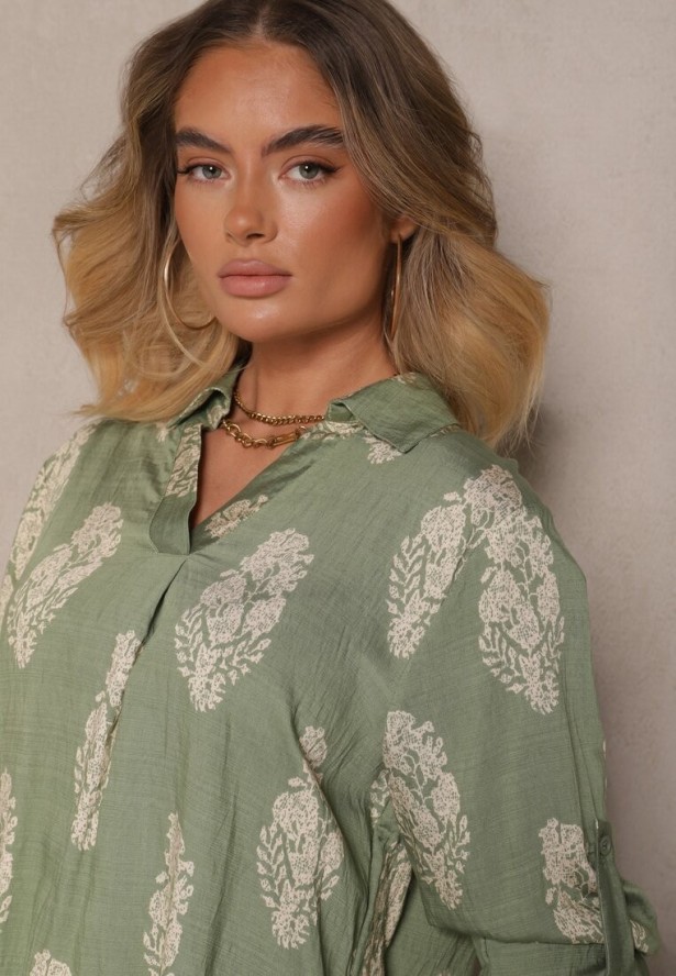 Zielony Komplet Oversize w Stylu Rustykalnym Długa Koszula i Szerokie Spodnie Mepilara