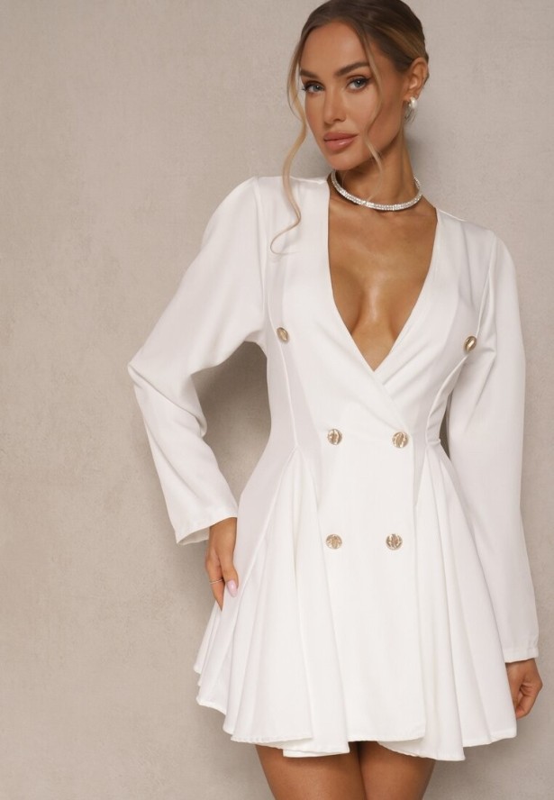 Biała Rozkloszowana Sukienka o Fasonie Marynarki z Ozdobnymi Guzikami Florlio