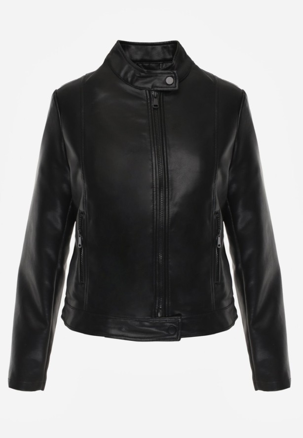 Czarna Klasyczna Kurtka Ramoneska o Dopasowanym Kroju ze Stójką Leamariel