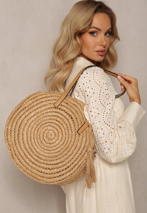 Beżowa Pleciona Okrągła Torebka Shopperka z Długimi Rączkami i Paskiem Acelema