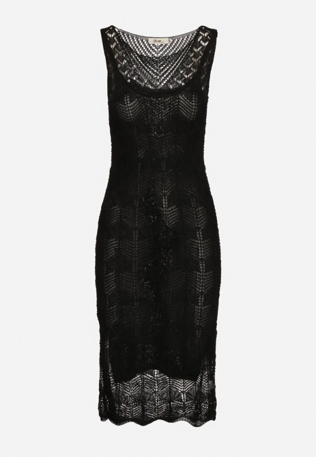 Czarna Sukienka Bodycon z Ażurowej Dzianiny z Halką w Komplecie Willowas