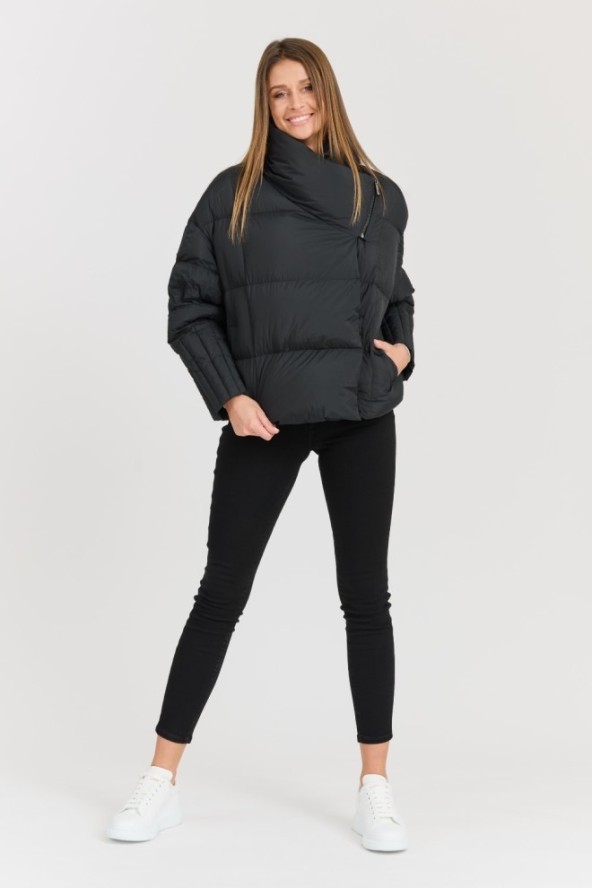 DIEGO M Czarna damska kurtka Giubbino Micropiuma - Collo Con Zip, Rozmiar S