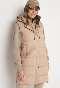 Ciemnobeżowa Pikowana Kamizelka z Kapturem i Sznurkami Zelothis