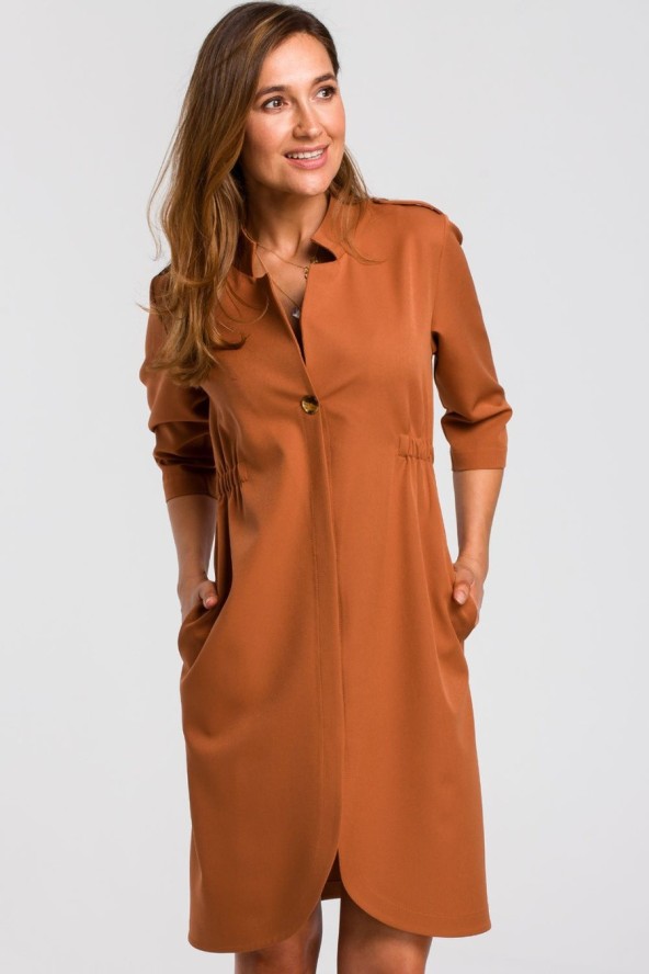 Sukienka marynarka elegancka żakietowa asymetryczna midi brązowa