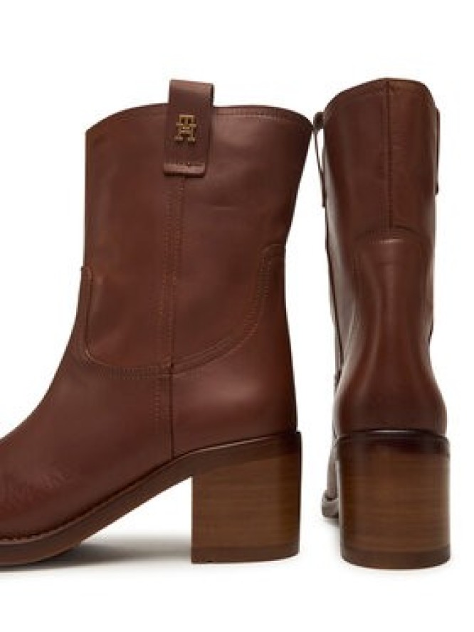 Tommy Hilfiger Botki Riding Lthr Mid Boot Block Heel FW0FW08776 Brązowy