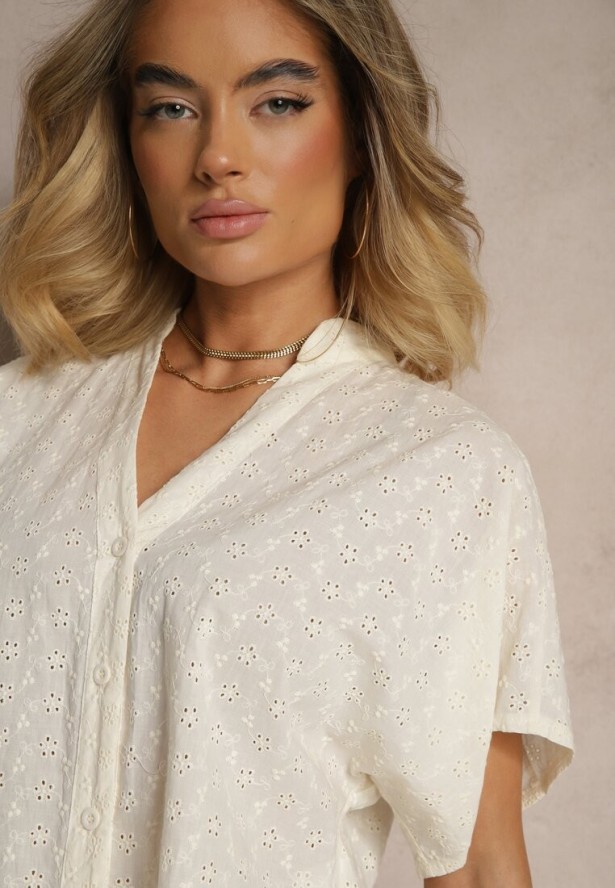 Ciemnobeżowa Koszula z Bawełny Ozdobiona Haftem Teladwenna