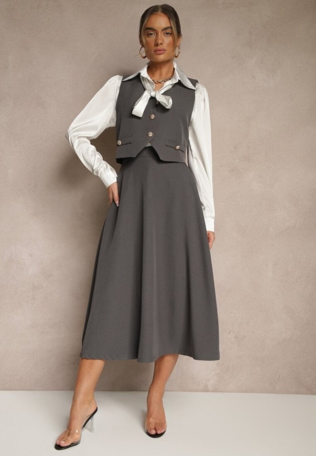 Szary 3- Częściowy Komplet Spódnica Kamizelka z Guzikami Koszula Ozdobiona Wiązaniem Avanessae