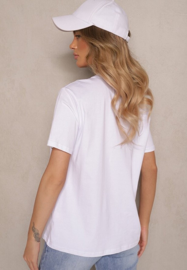 Biały T-shirt z Bawełny z Ozdobnym Łańcuszkiem Imitującym Naszyjnik Sohna