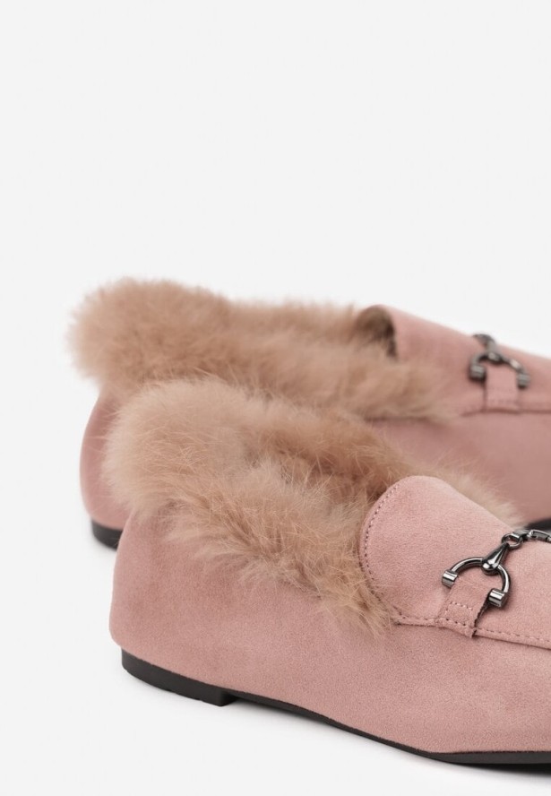 Jasnoróżowe Płaskie Mokasyny z Futerkiem i Klamrą Sanalithra